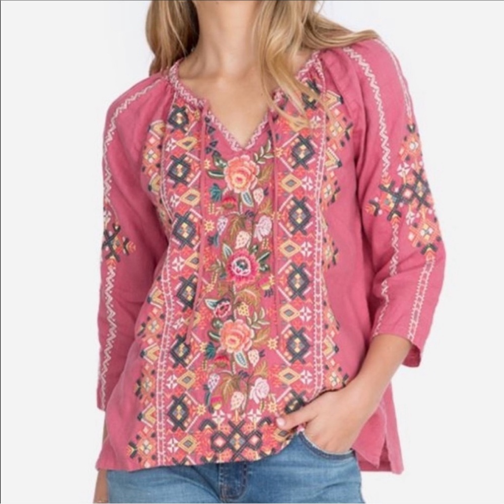 Johnny Was Chandra Pink Linen Peasant Top Blouse XS Embroidered Boho Cottage‎